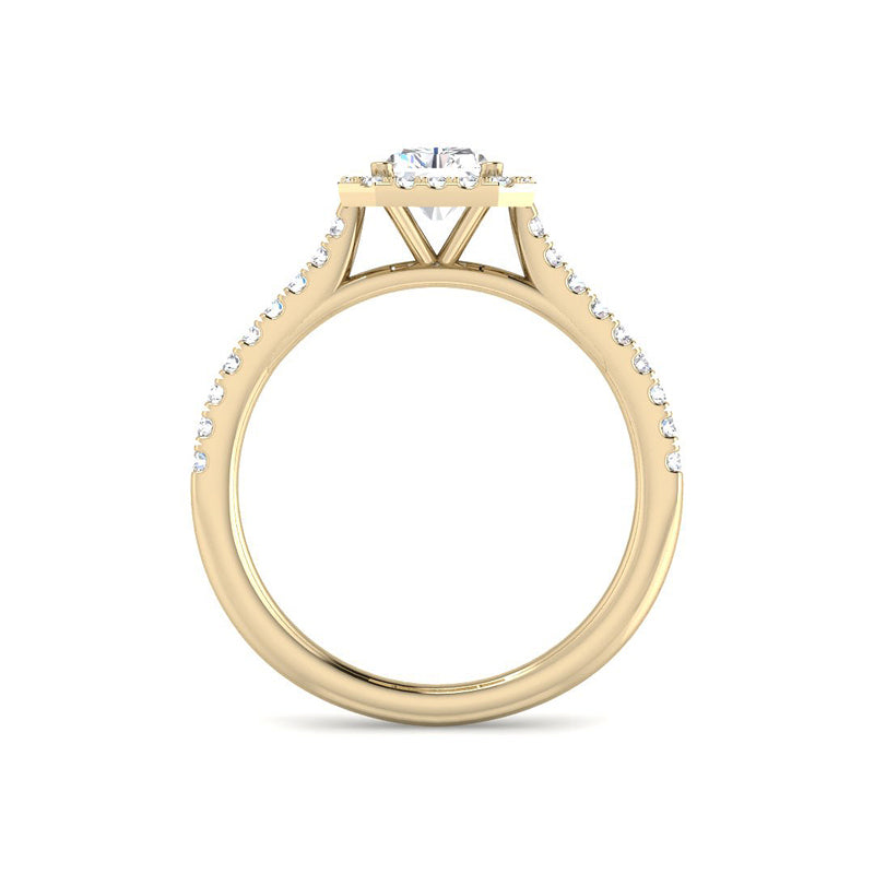 Emerald Cut Cathedral w. Halo and ½ Diamond Band (Yellow Gold)