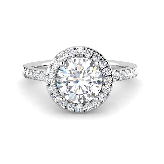 Round Solitaire w. Halo and Diamond Band (White Gold)