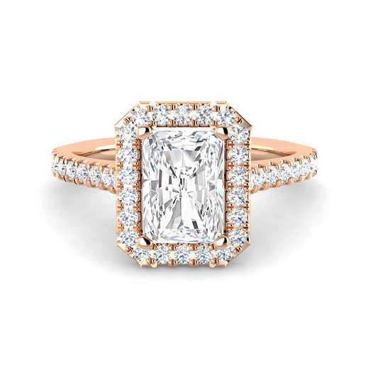 Emerald Cut Cathedral w. Halo and ½ Diamond Band (Rose Gold)