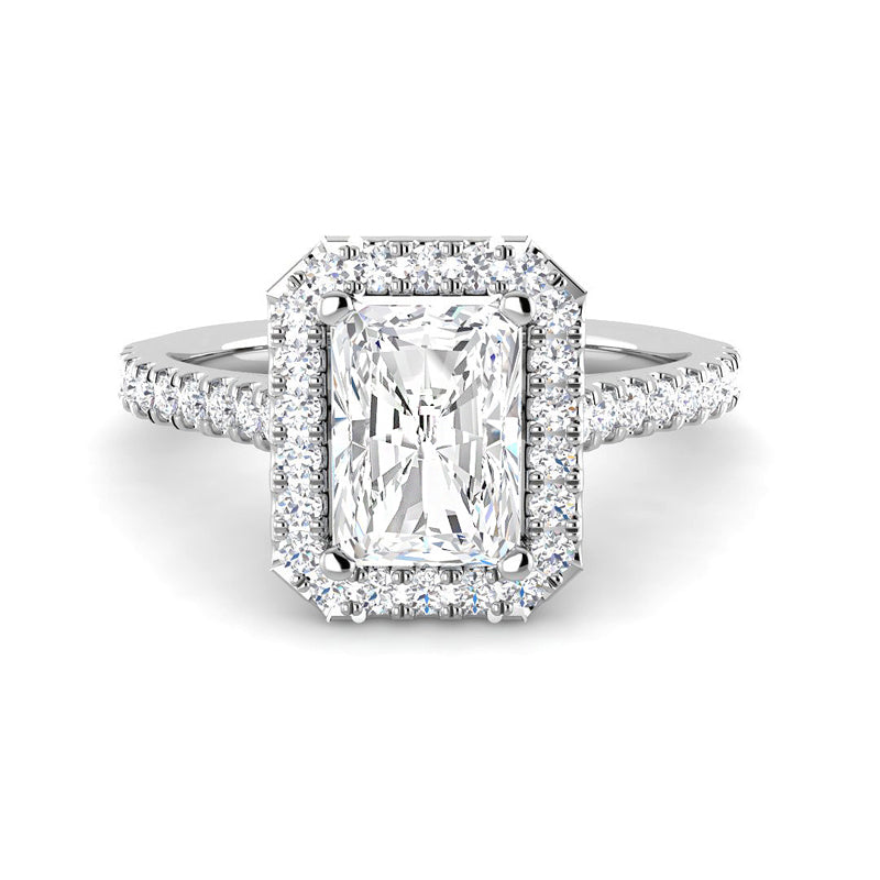 Emerald Cut Cathedral w. Halo and ½ Diamond Band (White Gold)