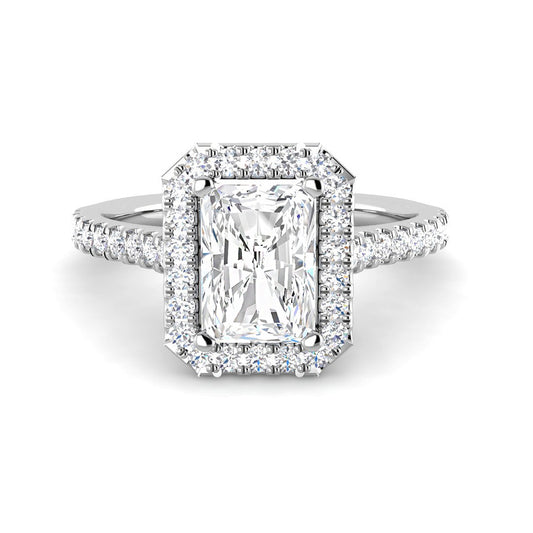 Emerald Cut Cathedral w. Halo and ½ Diamond Band (White Gold)