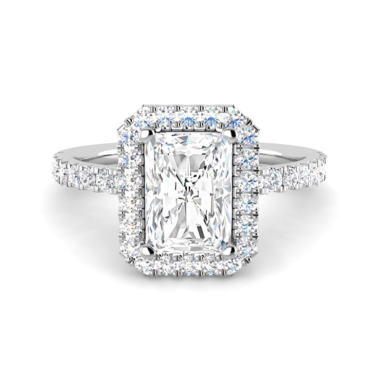 Emerald Cut w. Halo and Diamond Basket (White Gold)
