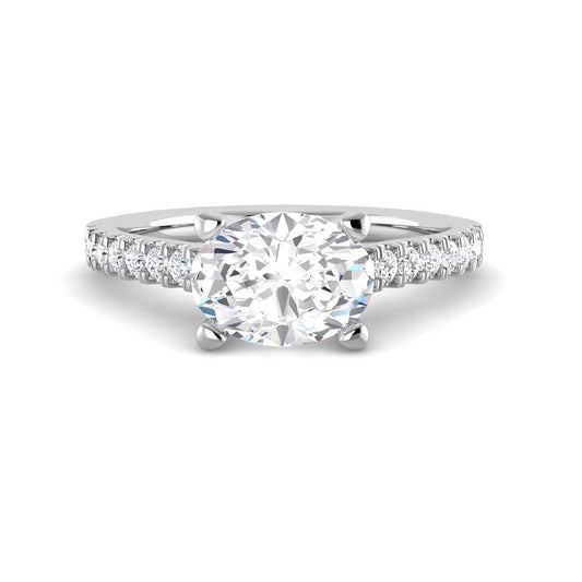 East-West Oval Solitaire w. Diamond Band (White Gold)