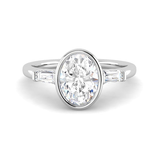 Bezel-Set Oval Solitaire w. Baguettes (White Gold)