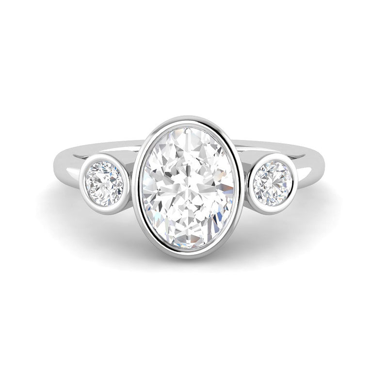 Trilogy Bezel-Set Oval Solitaire w. Round Accent Stones (White Gold)