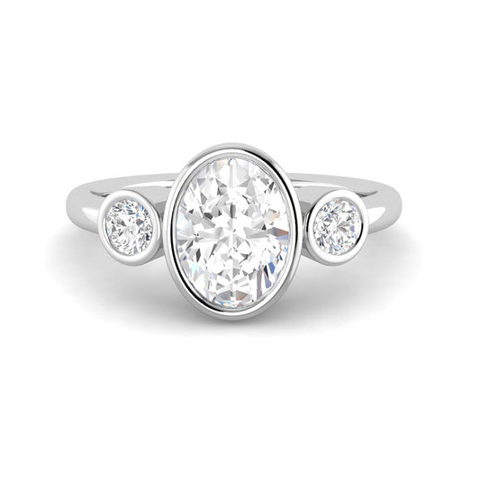 Trilogy Bezel-Set Oval Solitaire w. Round Accent Stones (White Gold)