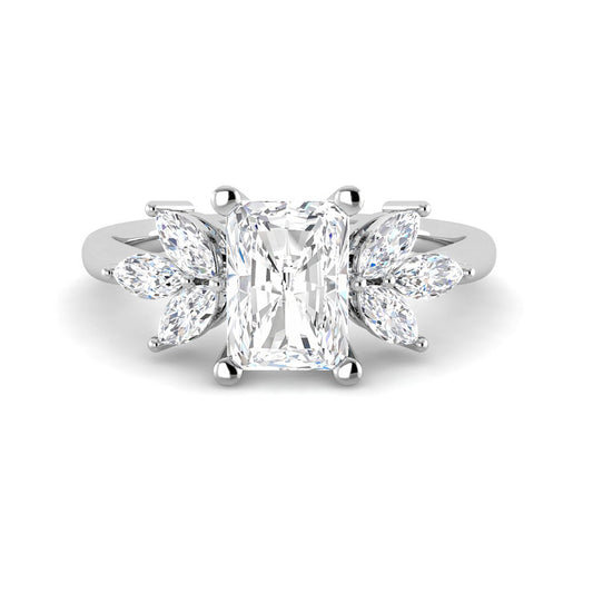 Emerald Cut w. Floral Marquise Cluster Side Stones (White Gold)