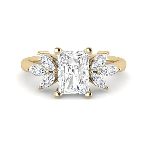 Emerald Cut w. Floral Marquise Cluster Side Stones (Yellow Gold)