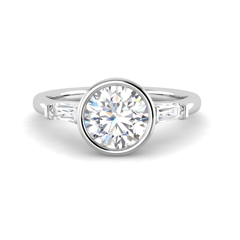 Bezel Set Round Solitaire w. Baguettes (White Gold)