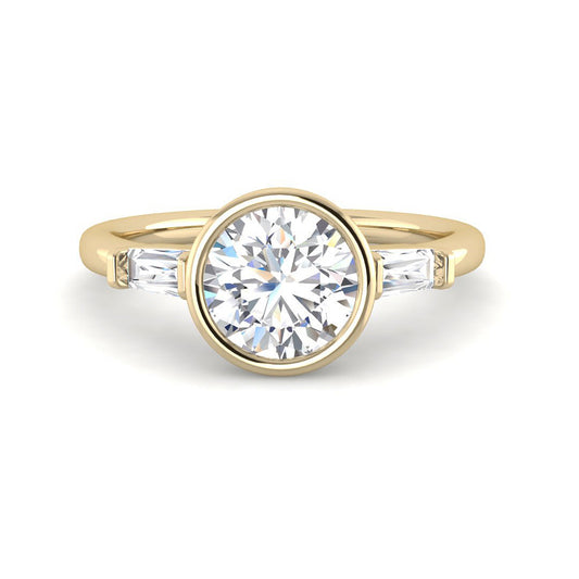 Bezel Set Round Solitaire w. Baguettes (Yellow Gold)