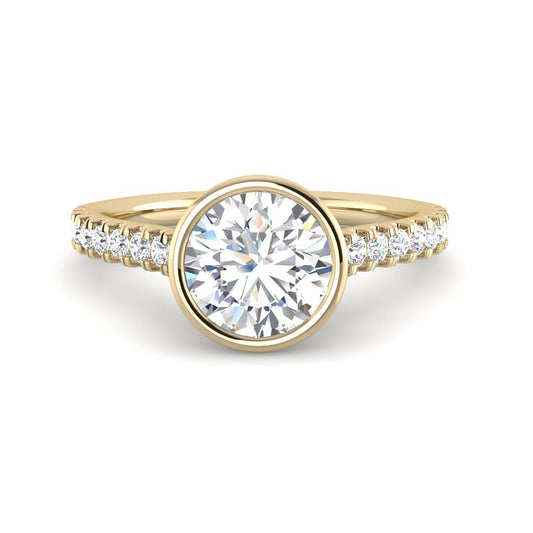 Bezel Set Round Solitaire w. Diamond Band (Yellow Gold)