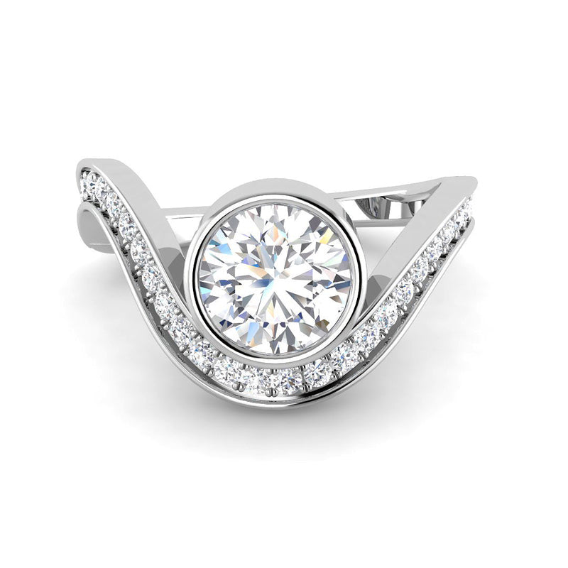 Bezel-Set Round Solitaire w. Curved Pavé Band (White Gold)