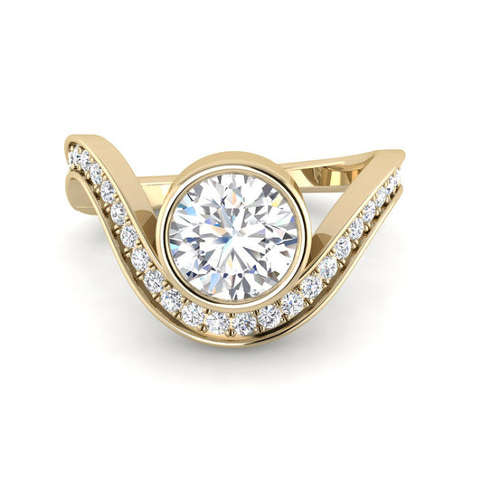 Bezel-Set Round Solitaire w. Curved Pavé Band (Yellow Gold)