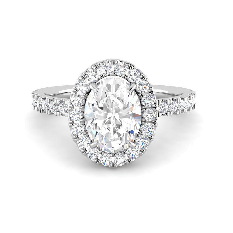 Oval Solitaire w. Diamond Band, Halo and Hidden Basket (White Gold)