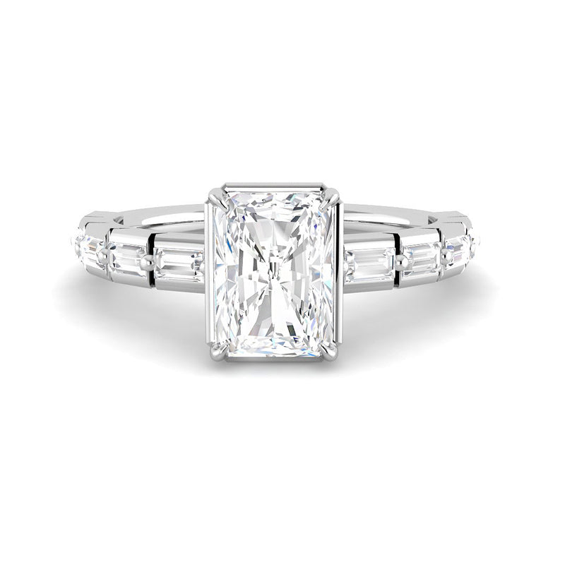 Emerald Cut w. Baguette Band and Bezel Claw Setting (White Gold)