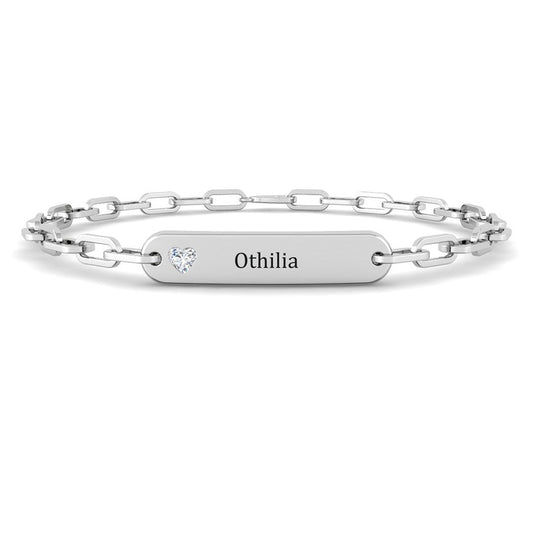Custom Engraved Chain Bracelet w. Placket and Diamond (White Gold)