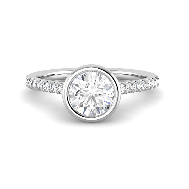 Bezel Set Solitaire Engagement Ring w. Diamond Band (White Gold)