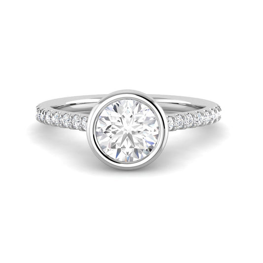 Bezel Set Solitaire Engagement Ring w. Diamond Band (White Gold)